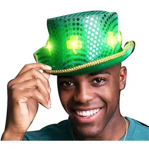 212 MAIN LED Clover Sequin Plush Irish Pet Top Hat - Green Plastic Shamrock Flash Accessories, Replaceable Batteries, St. Patrick's Day Themed Decor, Led Lights