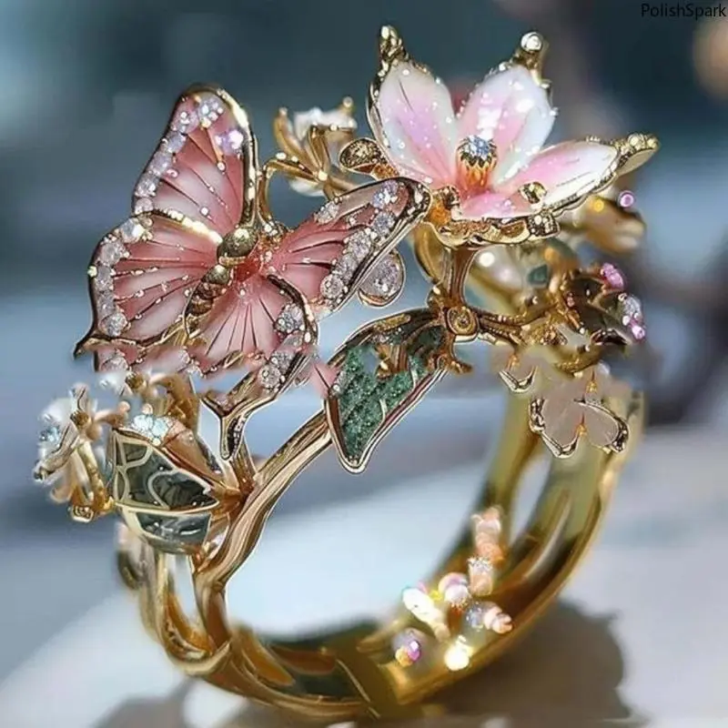 Enchanted Garden Butterfly Flower Ring for Women – 3D Hand-Painted Enamel, Cubic Zirconia Accents, Adjustable Open Ring, Fashion Jewelry for Daily & Party Wear