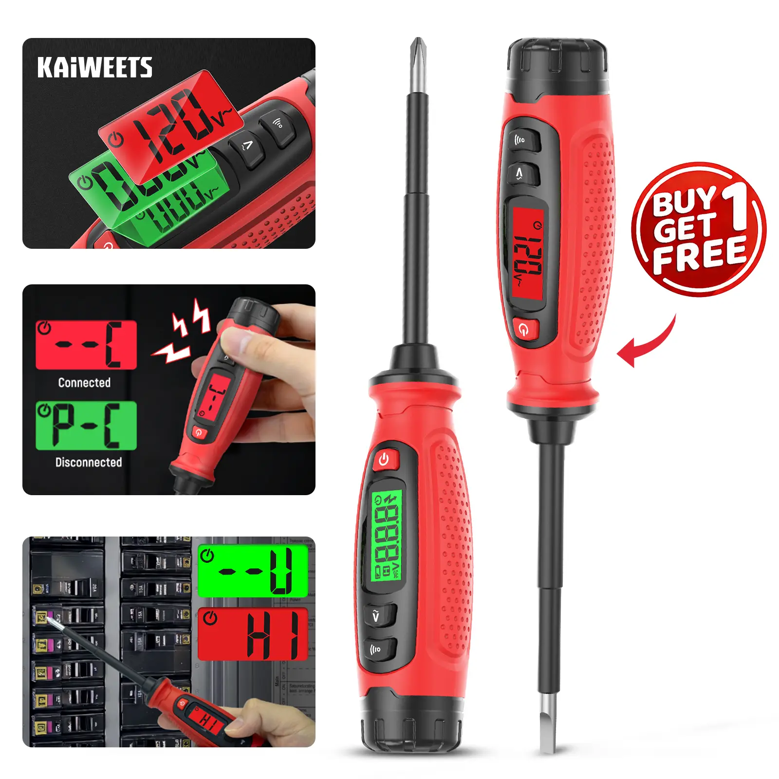 KAIWEETS Voltage Tester with Screwdriver, NCV Function, AC 3V-500V With LCD Alert Display, Live Wire Test, Wire Breakpoint Finder, Audible Alarm, Portable Electrical CircuitDetector Tool for Home & Pro Use, For DIY enthusiasts, Red