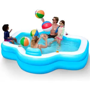 Inflatable Pool for Family with Seats, 120" X 101" X 26" Full-Sized Blow Up Durable Thickened Above Ground Pool with Backrest Cup Holders,Swimming Pools for Backyard Summer Water Lawn for Gifts, Blue