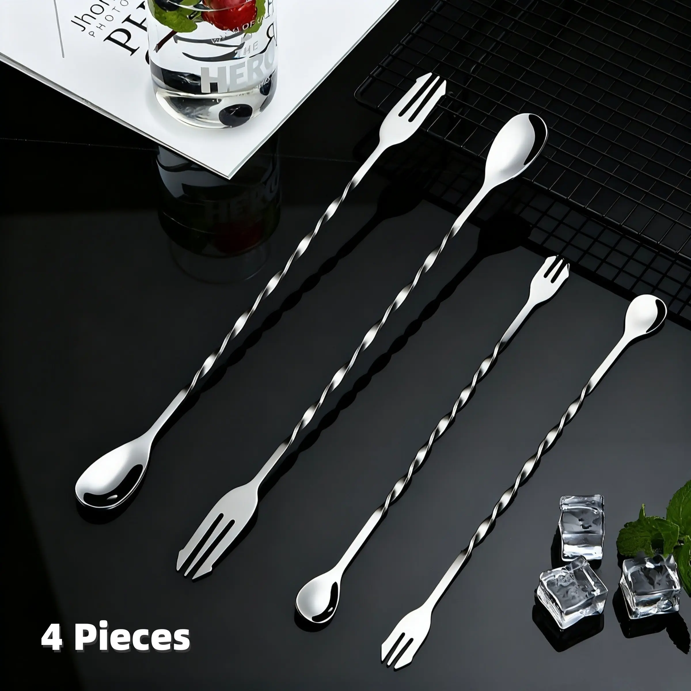 4 Piece Stainless Steel Bar Spoon Set, Spiral Cocktail Stirrer, Cocktail Stirring, Dual Head Ice Scoop, Coffee Mixer, Utensils, Ideal for Bars