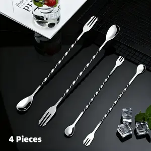 4 Piece Stainless Steel Bar Spoon Set, Spiral Cocktail Stirrer, Dual Head Ice Scoop, Coffee Mixer, Utensils, Ideal for Bars
