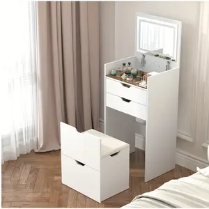 3-in-1 Multifunctional Dressing Table Set with Flip-Up Mirror 3 Lighting Modes HD Mirror Two Sliding Drawers & Hidden Storage Stool