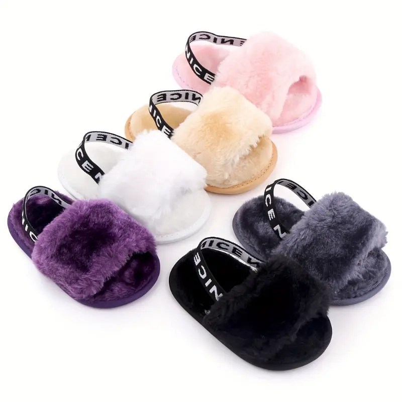 Cute Slip On Open Toe Furry House Shoes For Baby Girls, Comfortable Lightweight Walking Shoes For Indoor Home, All Seasons