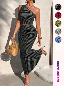 Women's Sexy Asymmetrical One-Shoulder Striped Two-Piece Set, High-Waist Tie Slim Fit Long Dress Summer Vacation