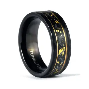 Black Tungsten Ring - The Moris with Meteorite Inset, Unique Gold Leaf Inlay and Inlay Detail, Fashion Costume Jewelry Accessory