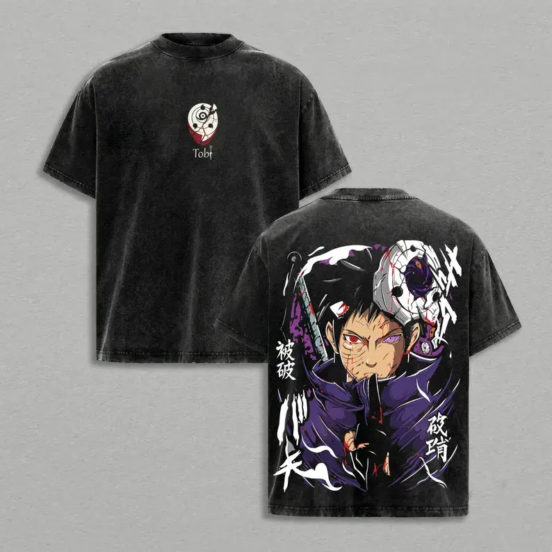 Obito Uchiha Sharingan Rinnegan Naruto Anime Graphic T Shirt Vintage Washed Cotton Casual Oversized Streetwear Short Sleeve Top for Men Women