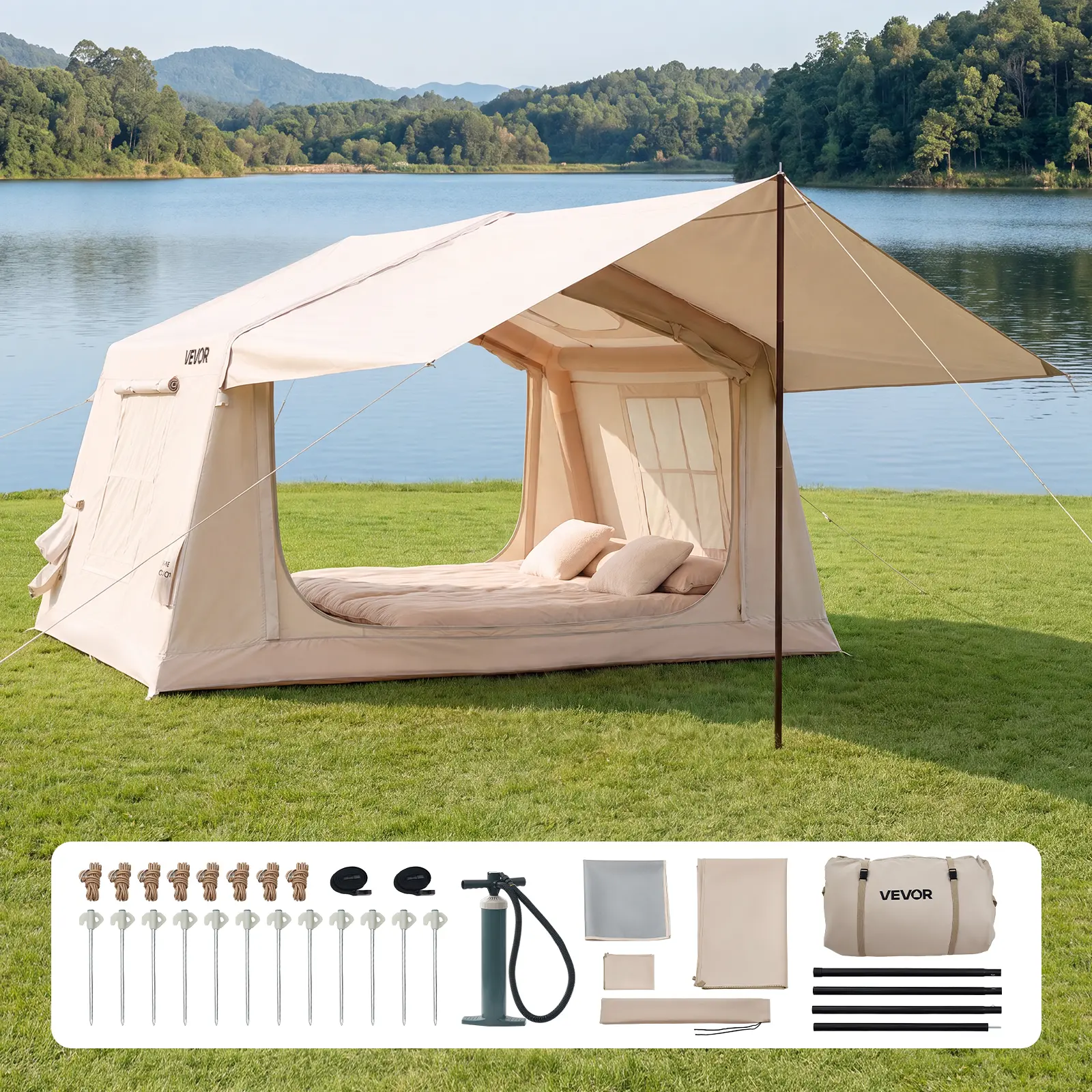 VEVOR Unisex Easy Setup Inflatable Outdoor Camping Tent, 2-4 Person Blow Up Tent with Hand Pump, 420D Oxford Waterproof Air Shelter, Skylight, Mesh Windows, Canopy, Stove Jack for Glamping