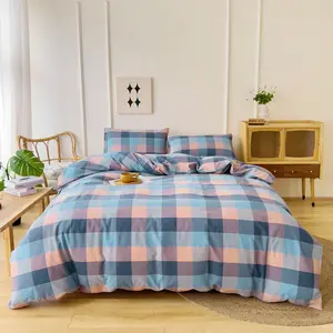 3pcs 100% Washed Grid Plaid Duvet Cover Set (1*Duvet Cover + 2*Pillowcase, Without Core), Gingham Linen Comfy Bedding Set , Ultra Soft Breathable