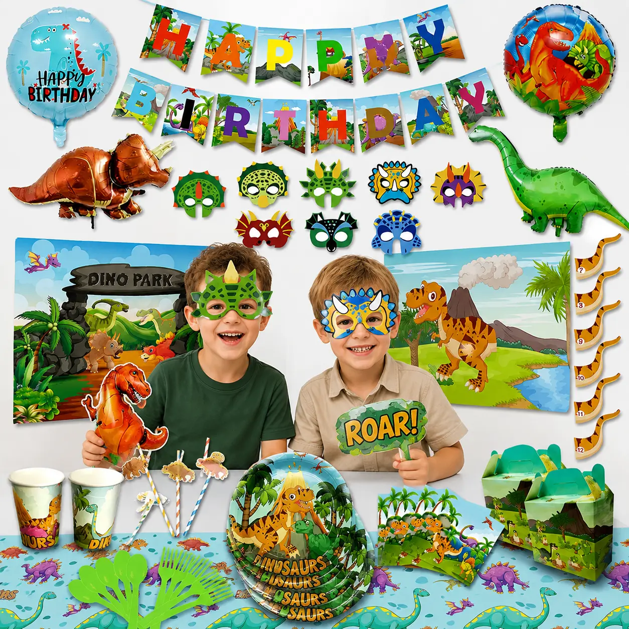 Dinosaur Party Supplies Set - 165 Piece Dino Theme Birthday Decorations | Includes Disposable/Reusable Tableware Kit, Dino Mask Photo Booth Props, 4' x 5' Backdrop, 20 Goody Boxes, Dino Games and