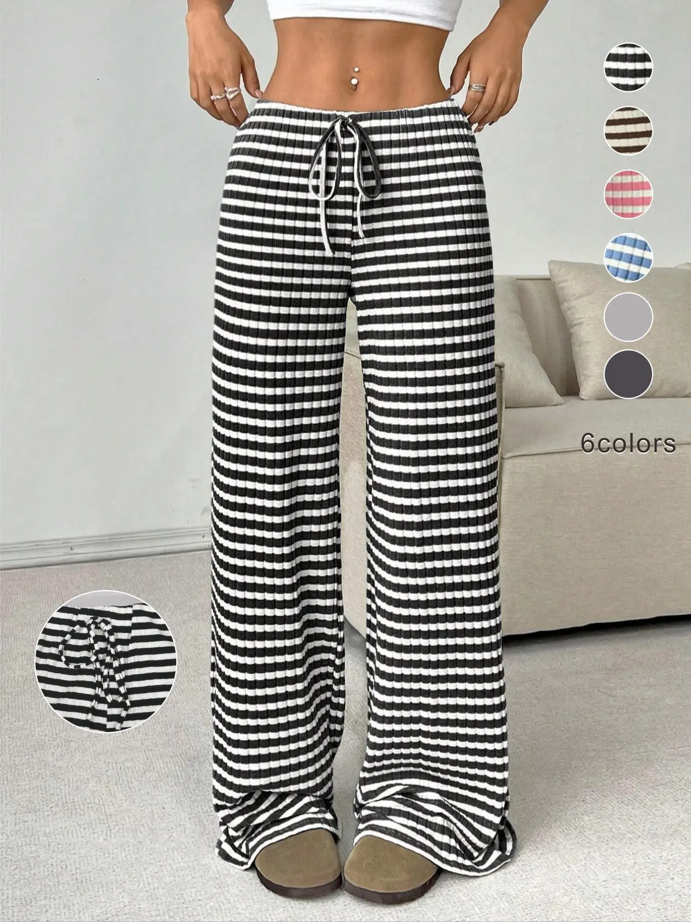 Spring Summer Women's New Casual Striped Elastic Drawstring Knit Fashion Loose Straight Leg Pants, Casual Comfy Baggy Trousers, Trendy Long Trousers for Ladies