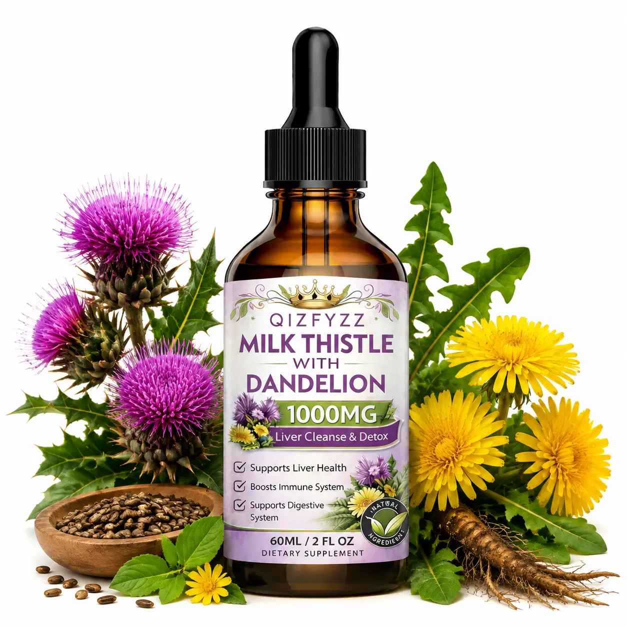Milk Thistle Drops with Dandelion 1000MG | Herbal Liquid Supplement with Natural Botanical Blend | Easy Dropper Formula for Daily Wellness Support | 60mL