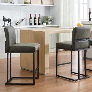 【GARVEE】24" Bar Stools Set of 2, Counter Height Bar Stools with Back, Modern PU Leather Barstools for Kitchen Island, Upholstered Bar Chair with Black Metal Frame Footrest, Grey