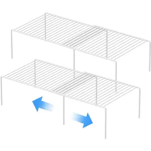 Set of 2 Expandable Kitchen Cabinet Shelf Organizers, Adjustable Metal Wire Pantry Storage Shelves, Plate Dish Organizer Rack for Cupboard Counter Freezer Countertop, White