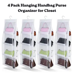 4 Pack Hanging Purse Organizer for Closet, 8 Pocket Handbag Storage Organizer, Space Saving Closet Organizer with Metal Hooks, Wardrobe Bag Holder for Women White