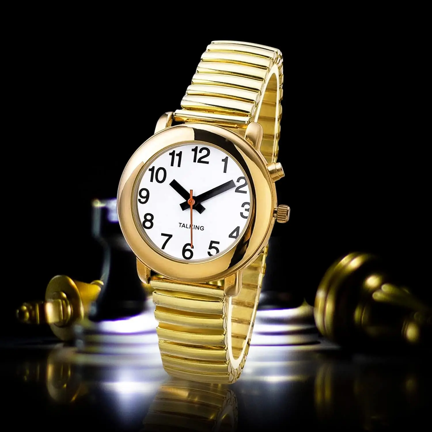 English Talking Watch Speaks The Time, Date or Alarm time for Elderly, Impaired Sight or Blind. White Face-Black Numbers with Stainless Expand Strap