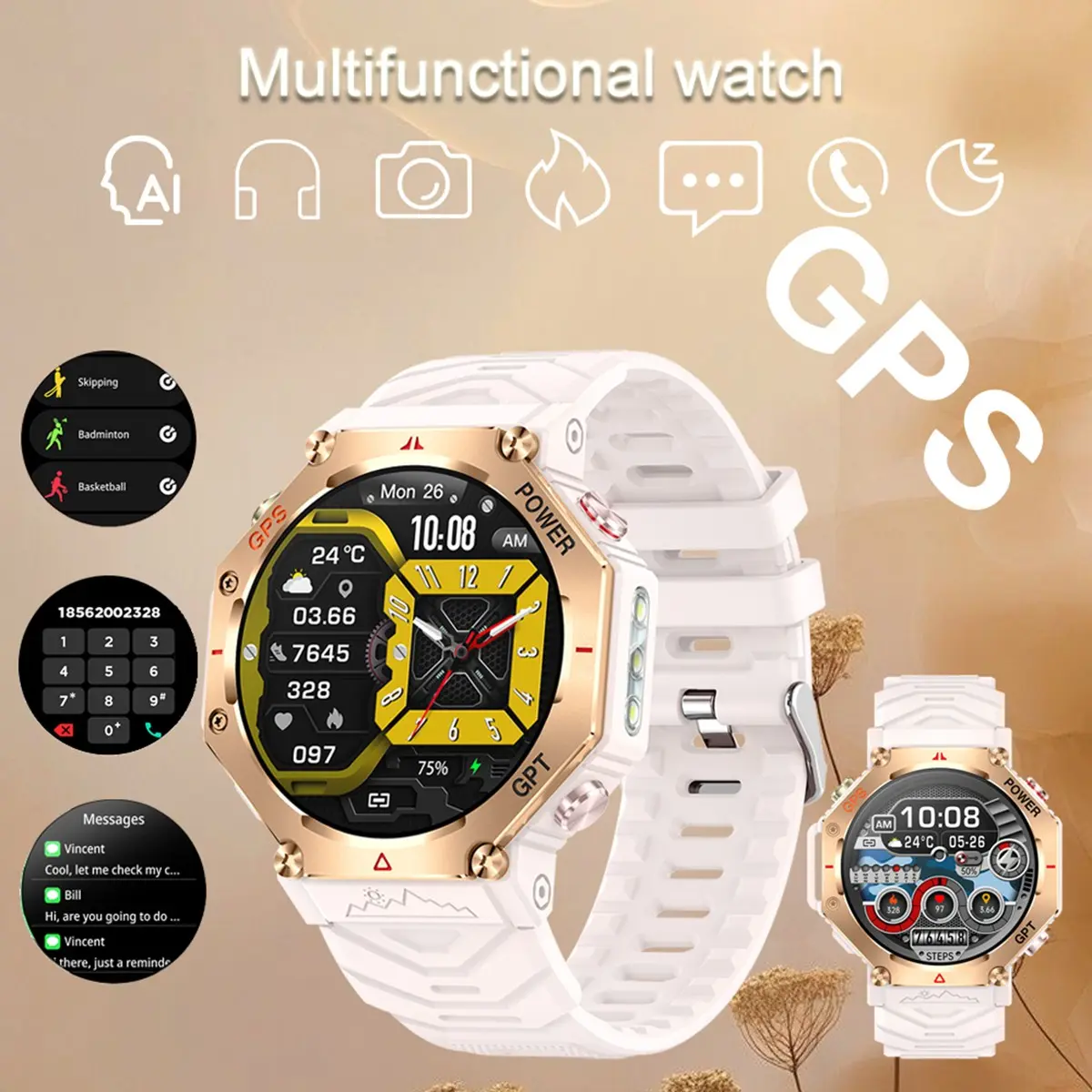 GPS Smartwatch 1.39 Inch HD Touchscreen, 107 Sports Modes, 530mah Long Battery Life, Magnetic Charging, Health Monitoring, Wireless-compatible Connectivity Wireless Phone Call Outdoor Flashlight Built in GPS Smart Watch