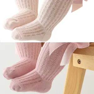 Infant Baby Girls Cute Long Stockings Princess Solid Color Cute Bowknot Breathable Loose Mouth Socks Over-The-Knee Socks