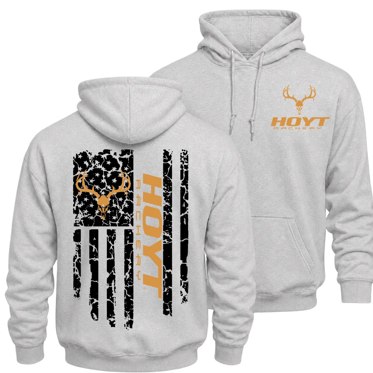 Hoyt Archery American Flag Hunting Hoodie, Deer Skull Distressed USA Flag Graphic Pullover, Bowhunting Outdoor Hoodie, Front Chest Logo Large Back Print, Hunter Gift for Men and Women