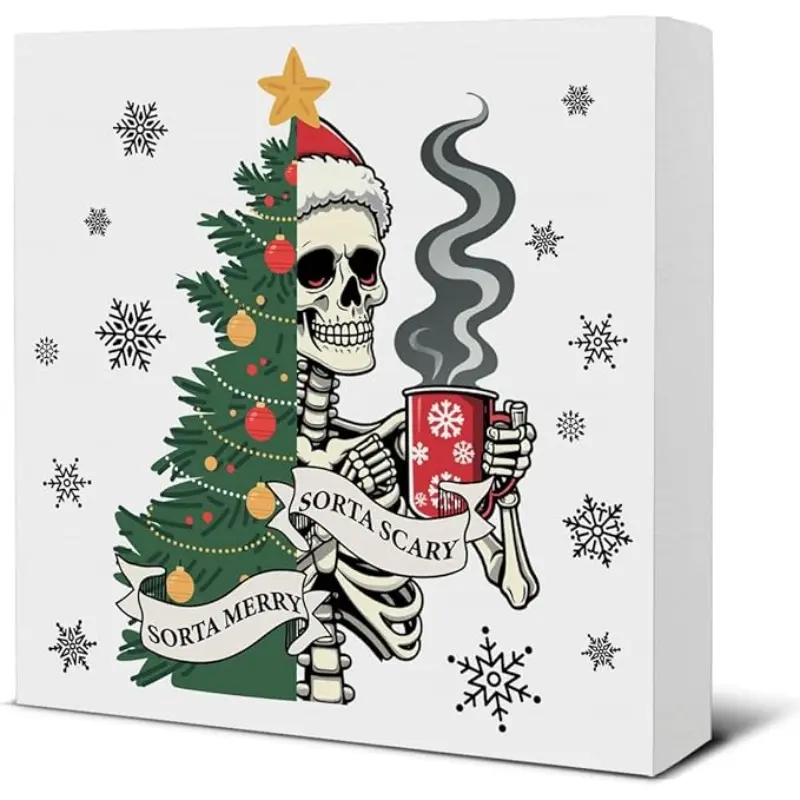 Funny Skeleton Christmas Decor, Gothic Christmas Decor, Sorta Merry Sorta Scary Wood Sign Home Office Living Room Table Shelf Wall Desk Decoration 5×5 Inches