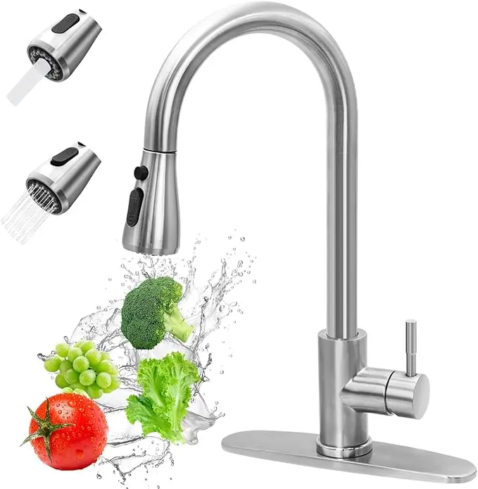 Brushed Nickel High Arc Pull Down Sprayer Kitchen Faucet - Steel & Plastic, Single Handle, 360° Swivel Spout, 1/3 Hole Deck Plate, Modern Industrial Spray, 1/3 Hole Deck Plate, for Residential Use, Faucet Kitchen Taps
