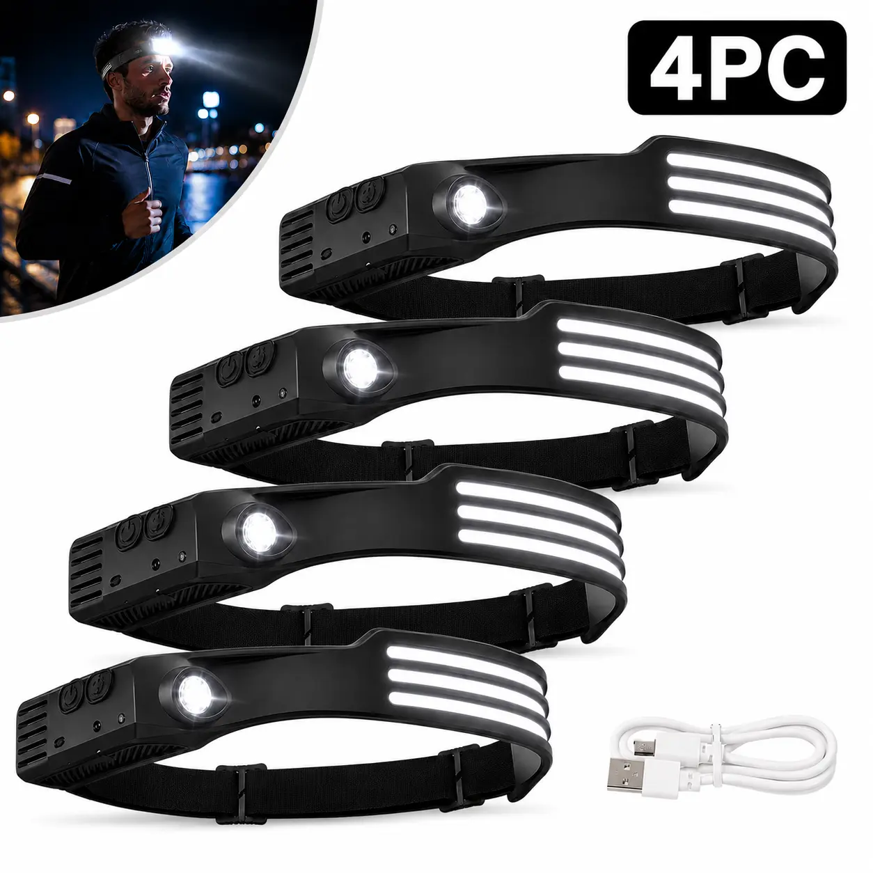 1-4 Pack Rechargeable LED Headlamp, 230° Wide Beam Nightlight with Motion Sensor, Hands-Free ABS Head Light for Outdoor Sports, Camping & Emergency, Headband