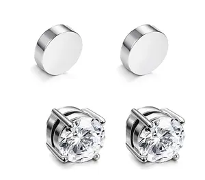 Mens Womens Magnetic Cubic Zirconia Stud Earrings, Steel, Non-Piercing Clip On Cheater Fake Ear