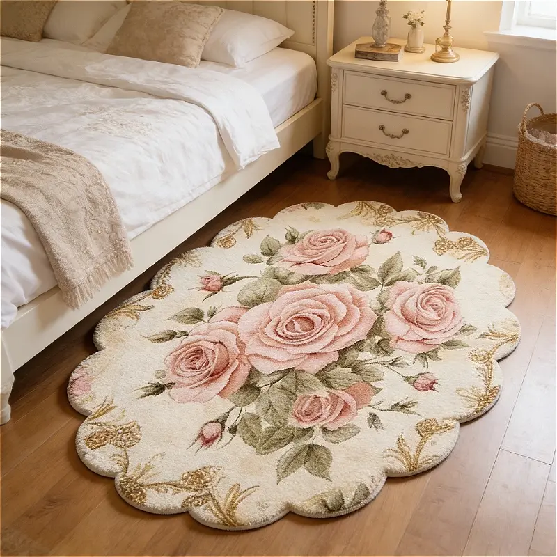 French-Style Vintage Bedroom Bedside Rug, European Country-Style Living Room Decorative Rug, Plush Rug with Wavy Edge Design, Floral Shaped Rug, Floral Pattern Rug, Washable Kitchen Bathroom Entryway Non-Slip, Flower Shaped Rug