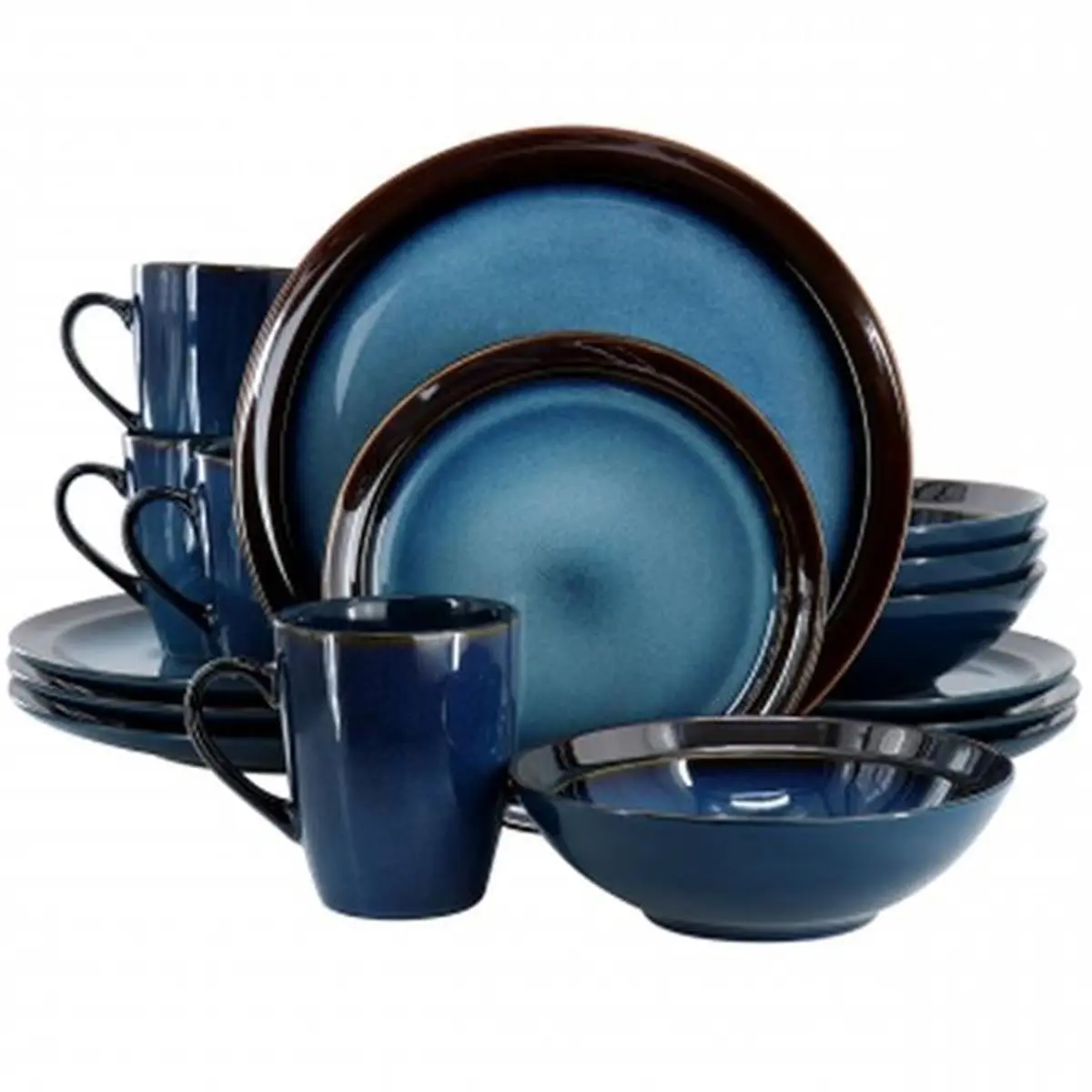 Gibson Elite 142747.16 Priya Reactive Glaze 16-Piece Dinnerware Set, Blue - Includes Bowls, Plates, Tableware Essentials