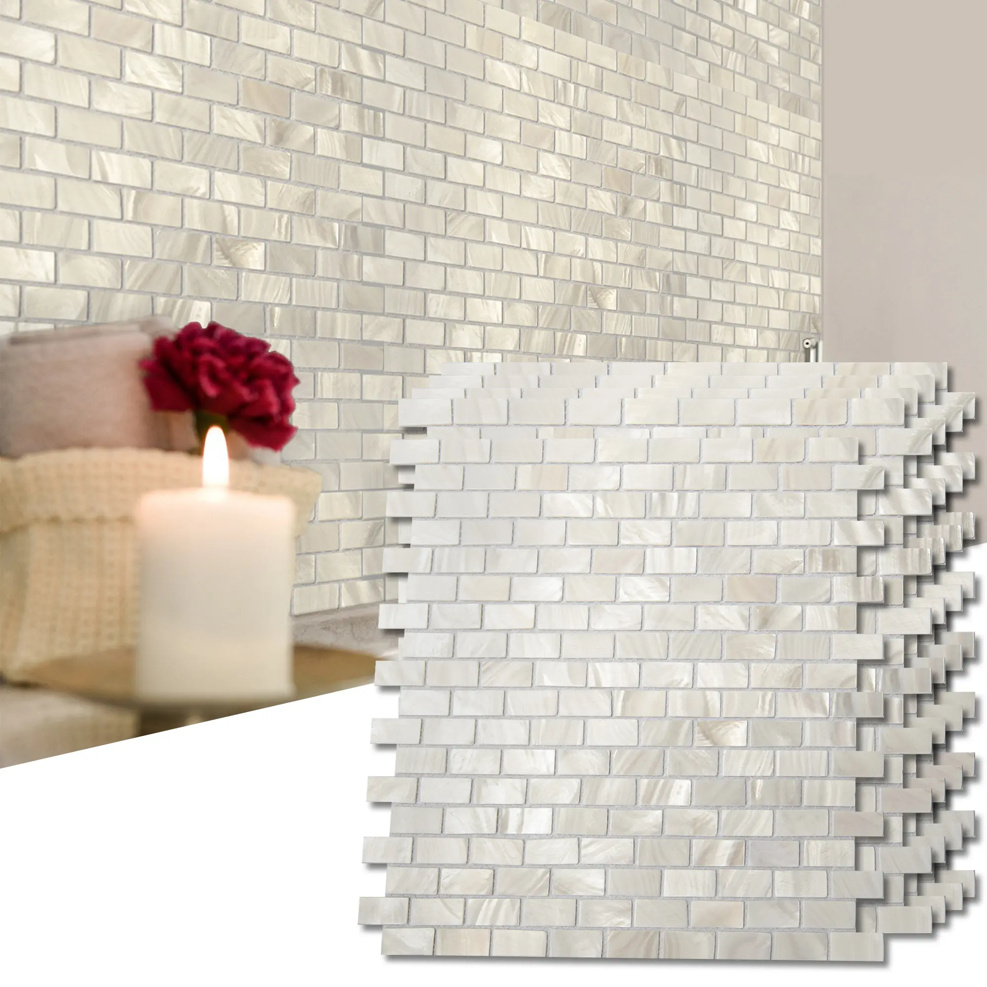 Art3d Mesh-Mounted Handcrafted Natural Shell 3D Wall Panels, 10 Sheets 11.8"x11.8"x0.1" with Handmade Finish, Genuine Mother of Pearl Cuttable Panels for Kitchen Backsplashes, Fireplaces, 11.8" X 11.8" X 0.1"