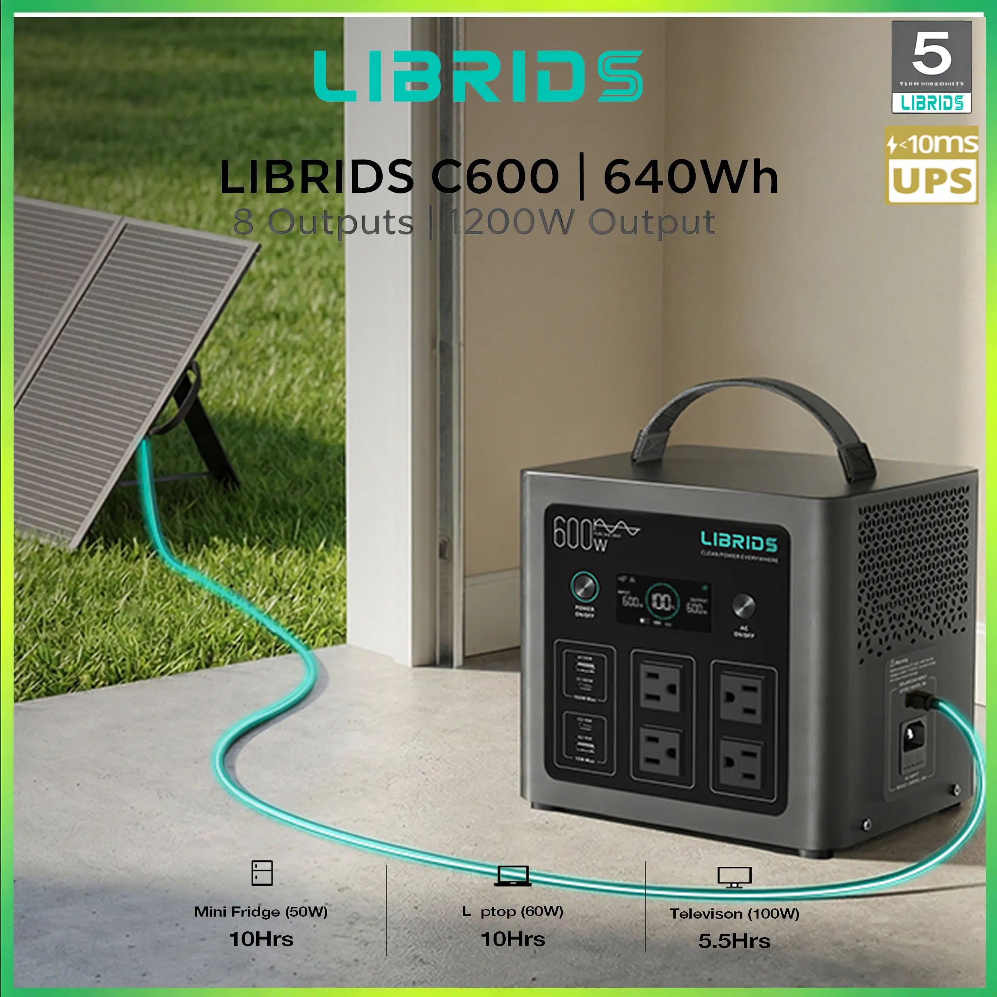 LIBRIDS Portable Power Station C600, 640Wh LiFePO4 Battery, 600W (Peak 1200W) Solar Generator, 1.5H Fast Charge, 10ms UPS, 8 Ports(4 AC) for Camping, Home Backup & Outages