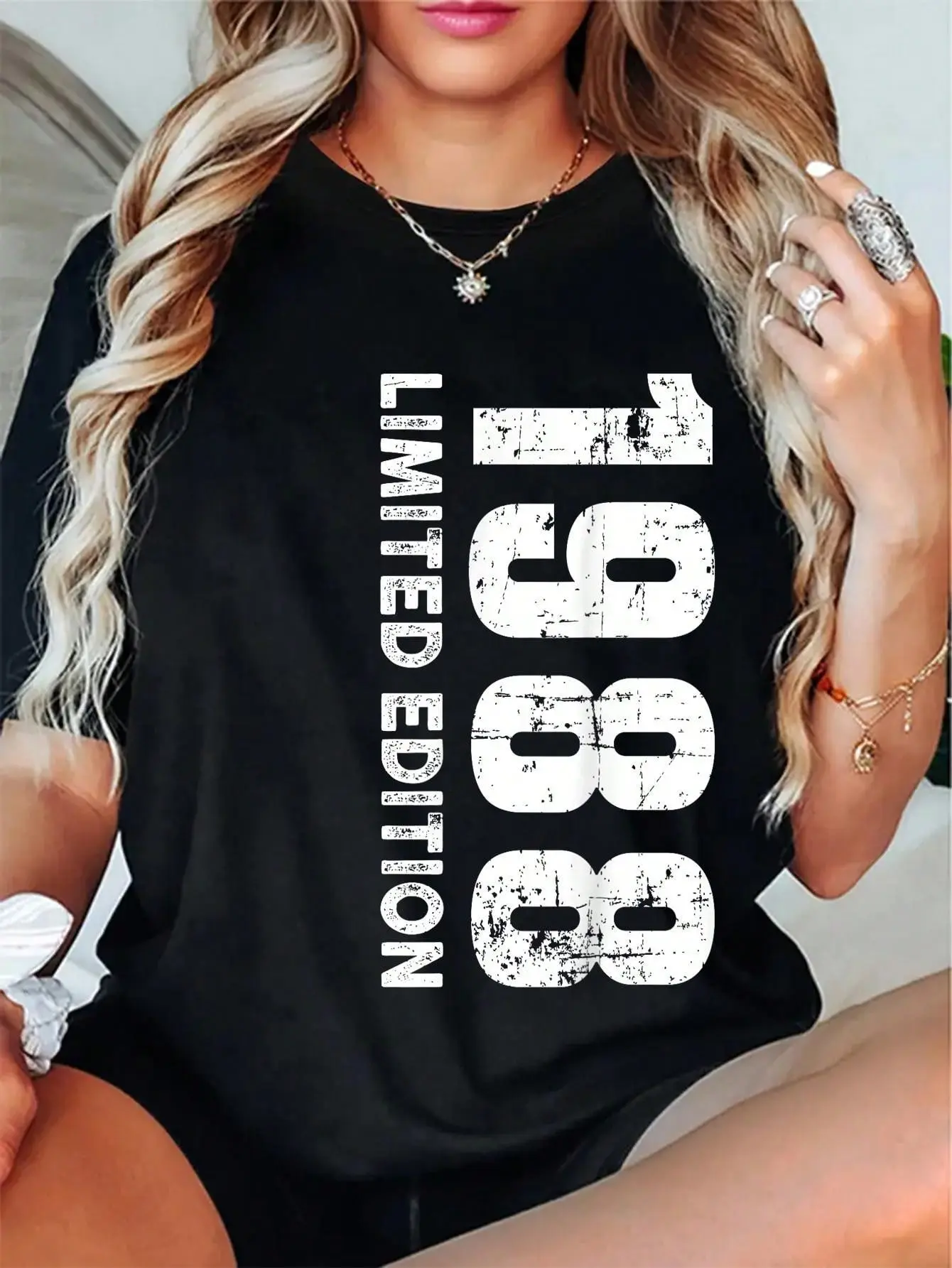 Women's Graphic Tee with 1988 Print, Super Soft 100% Cotton Short-Sleeve Top, 80s Aesthetic Wardrobe Staples for OOTD Ideas, Shortsleeve, Tshirt, Round Neck, Loose Fit