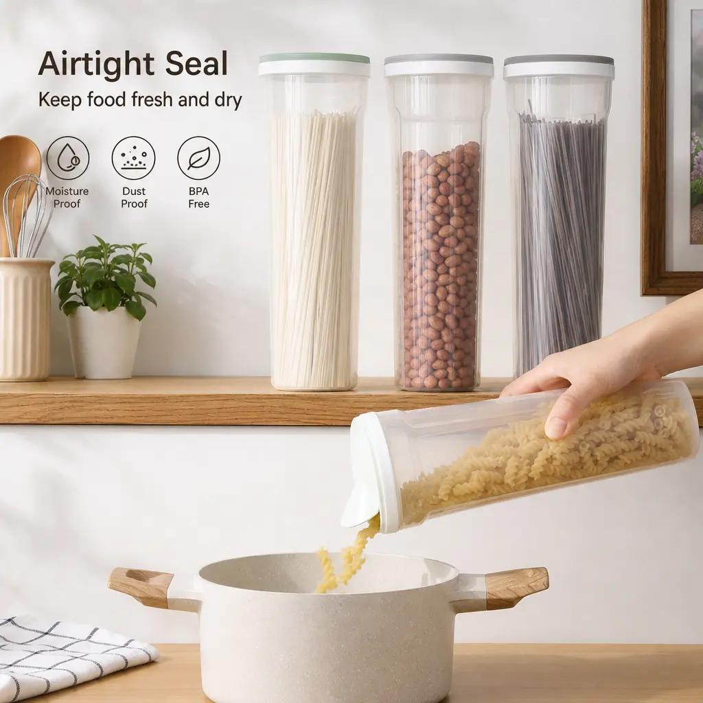 Tall Cylinder Transparent Plastic Airtight Moisture-Proof Food Storage Canister with Lid - Single Unit 1.7L Large Capacity Reusable Kitchen Storage Solutions for Daily Kitchen Grain & Dry Food Organization