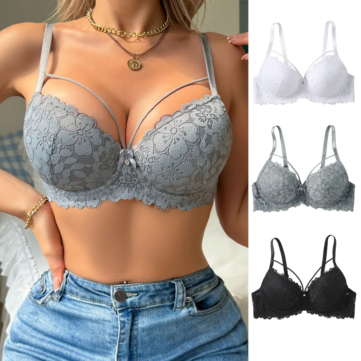 Ecomilky Lady's 3-Pack Style Lace Bra - Black+White+Gray, Push-Up Underwire, Unlined, Adjustable Straps, Soft Breathable Knitting, All-Season, Non-Transparent Everyday Lingerie Womenswear, Black + White + Gray - A, Valentines Day, V-Neck, Soft Aesthetic,,