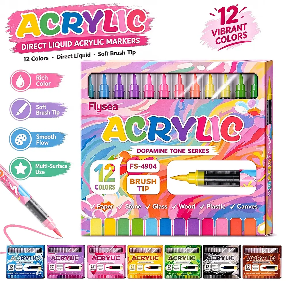 Flysea Direct Liquid Acrylic Markers set, Soft Brush Tip, Smooth Flow Ink, 12 colors Multi-Surface Painting for Paper, Stone, Glass, Wood, Plastic, Canvas, Christmas Art Gift Supply