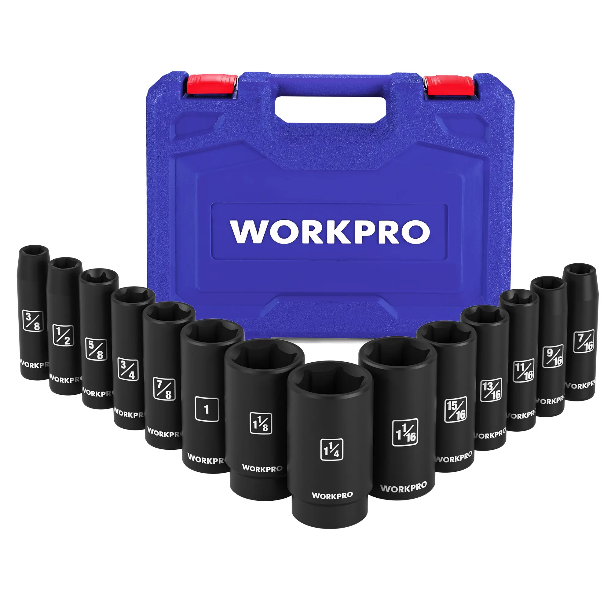 #summersale WORKPRO 14-Piece 1/2＂ Drive Deep Impact Socket Set, 6-Point Impact Deep Socket Set with Heavy Duty Storage Case for Automotive and Mechanical Repairs, Cr-V Steel