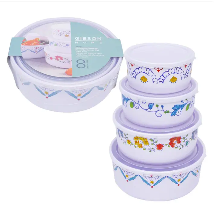 Gibson Home Anaya Sturdy Melamine Nesting Food Container Set with Lids, 8-Piece Round Kitchen Utensils for Meal Planning, 8 Pieces