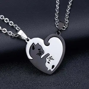 [High-end design] Simple cat couple splicing necklace pendant necklace titanium steel pendant versatile personality fashion souvenir gift charming