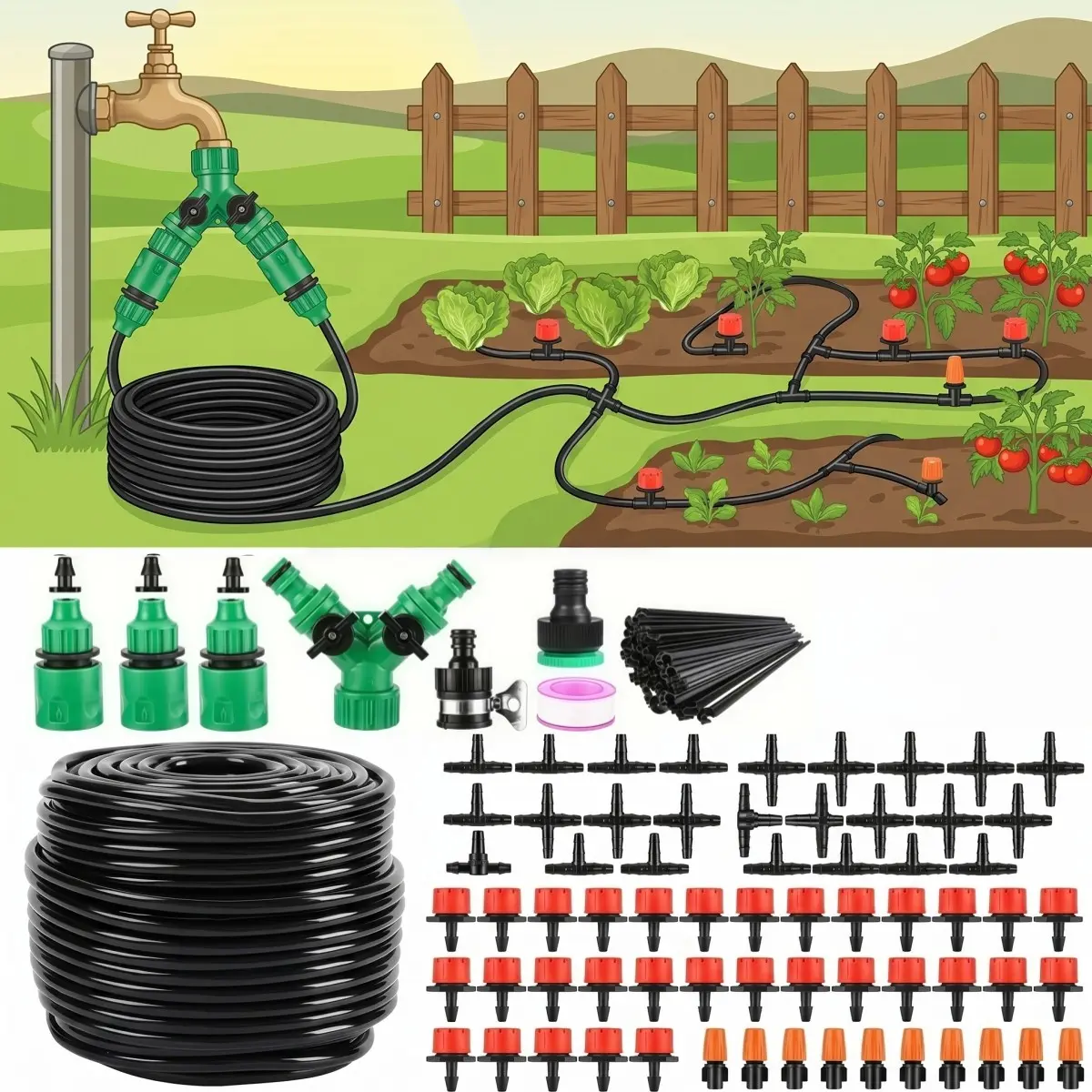 Automatic micro-drip irrigation system, atomizing nozzle set with 49.2FT-164FT water pipe adjustable sprinkler, garden hose and threaded garden hose, Spray Nozzles For Garden Hose, Sprayer Set -no battery required.