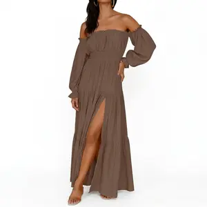 Women's 2026 Boho Sexy Off Shoulder Long Sleeve Smocked High Waist Side Split Flowy A Line Tiered Long Maxi Dress