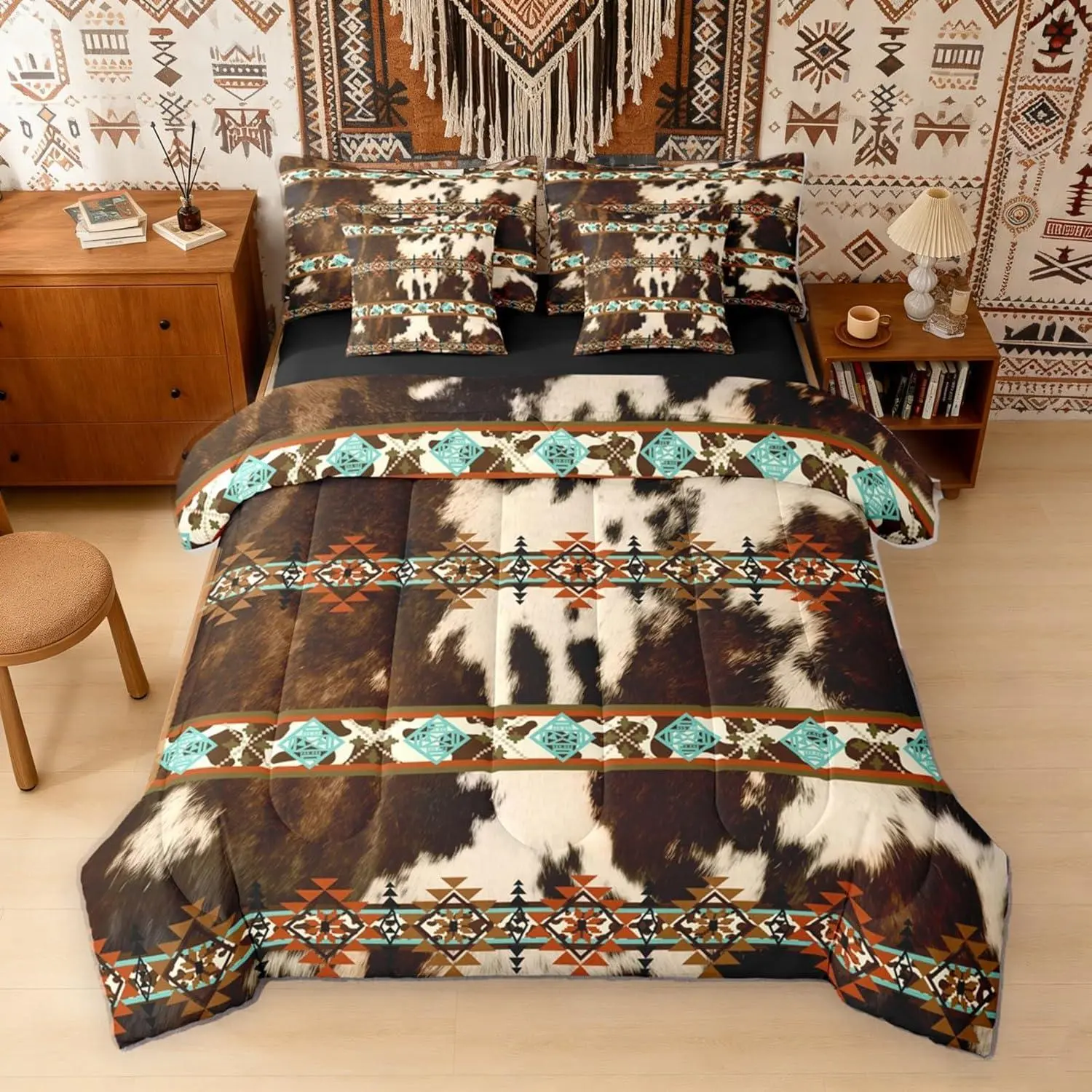 Feelyou 7-Piece Queen Quilt Set - Home Bedding Set with Brown Cowhide Western Decor, Cow Print Decorative Bedsheets, Exotic Tribe Diamond Aztec Design, Farm Animal Bull Themed Bedroom Gift, Bedroom Decor, Bed Sheet Set
