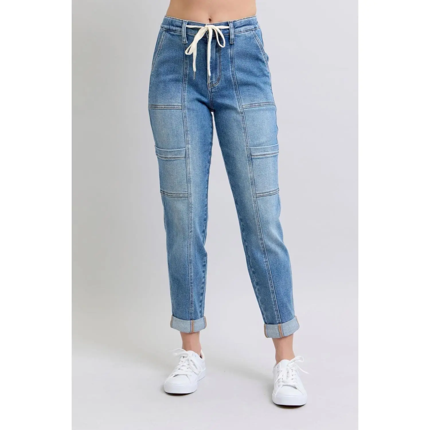 Judy Blue Women's High Waist Cargo Jogger Jeans, Relaxed Fit in Soft Stretch Spandex Denim with Sporty Cuffed Ankles, Trend, Streetwear, Vibe, Bottom, Cotton, Pockets, Pants, Style, Polyester, Comfy Ootd, Everyday, Relaxed Jeans, Sporty Chic, Tumble Dry