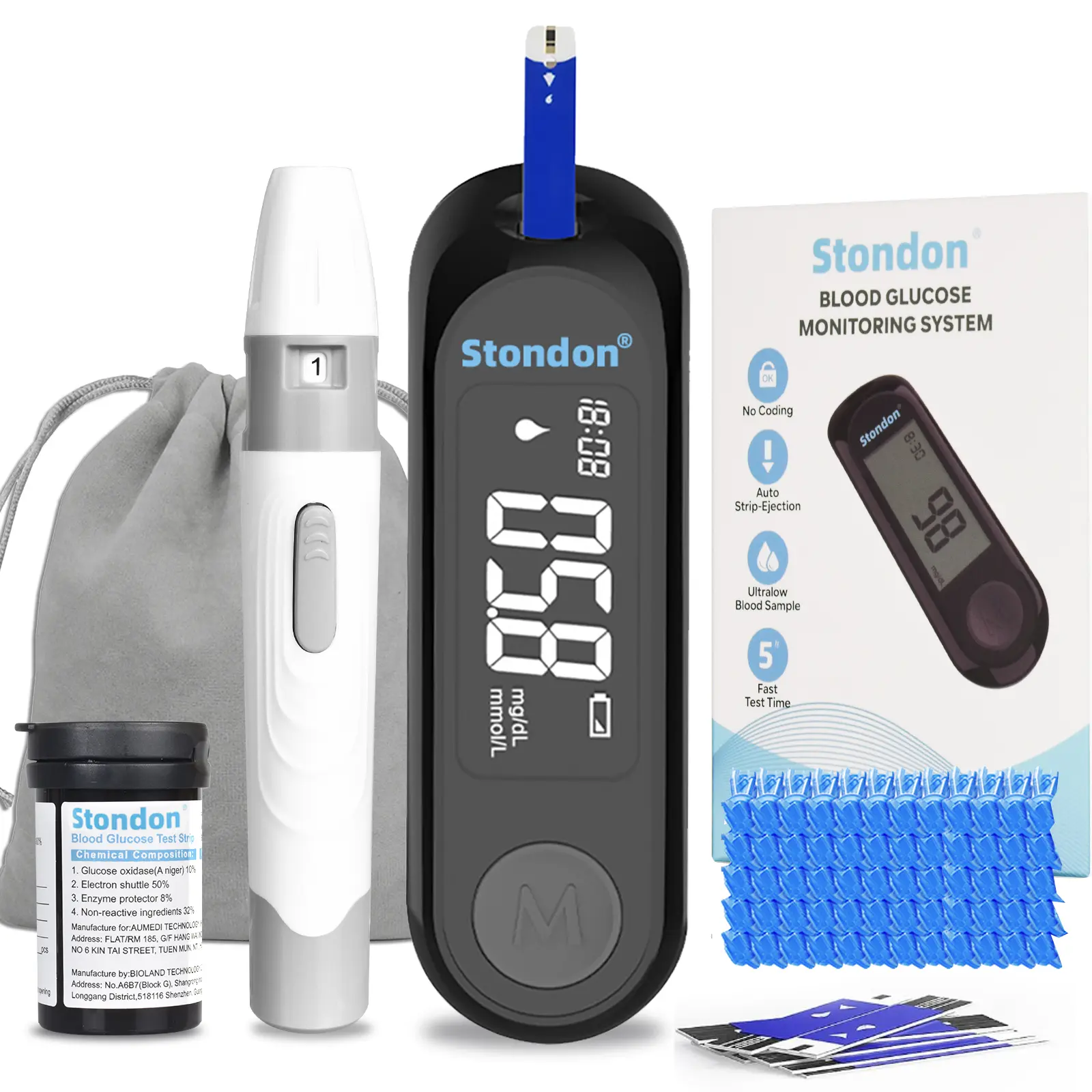 Stondon G-520 Blood Glucose Monitor Kit, 50 Strips & Lancets for Diabetes,Blood Sugar Testing Kit,Diabetic Home Testing Kit,No Coding,Large Display,5-Second Results,500-Reading Memory, 0.7 μL Sample backtoschool
