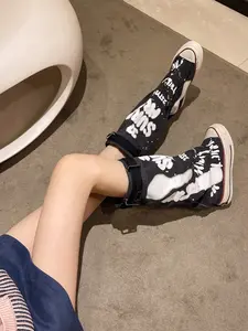 American Retro Graffiti Tube Boots, Vintage Booties, Canvas Two-Wear Design Street Style Casual Shoes, Perfect for Music Festivals, Street Fashion, Daily Footwear
