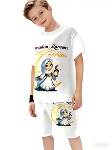 Cute Muslim Girl Pattern Short Sleeve T-Shirt and Track Shorts Set, Street Style Summer for Parties, Vacation, School