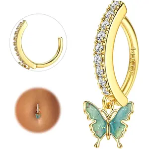 FIASASO 14G Hypoallergenic Surgical Stainless Steel Clicker Navel Ring, Geometric CZ Butterfly Heart Teardrop Flower Reverse Belly Button Piercing Jewelry for Women