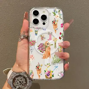Magnetic Soft Case for iPhone11/12/13/14/15/16/promax, Puppy with a flower, floral collage MagSafe Compatible,Springtok Pattern Design Lightweight,y2k cased,AntiScratch,and Trendy Screen Protector Aesthetic Resistance Protection