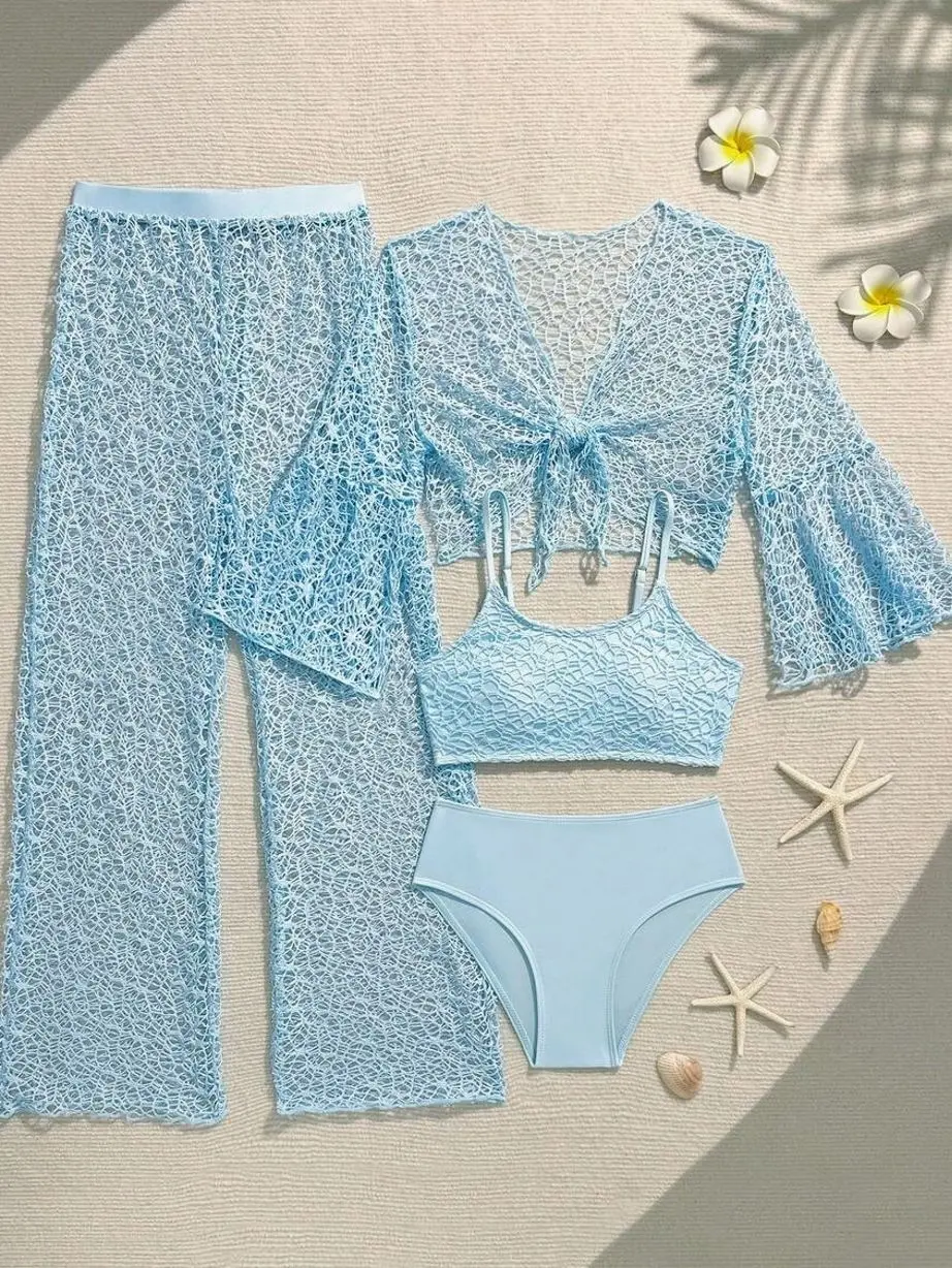 Tween Girls 4-Piece Bikini Set With Netting Top And Cover-Up Pants, Tropical Summer Beach Swimwear