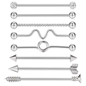 8-Piece Industrial Barbell Set, Silver Piercing Barbells with Crystal, Ball, Twisted, Wave & Arrow Styles, Durable Jewelry for Industrial Piercings