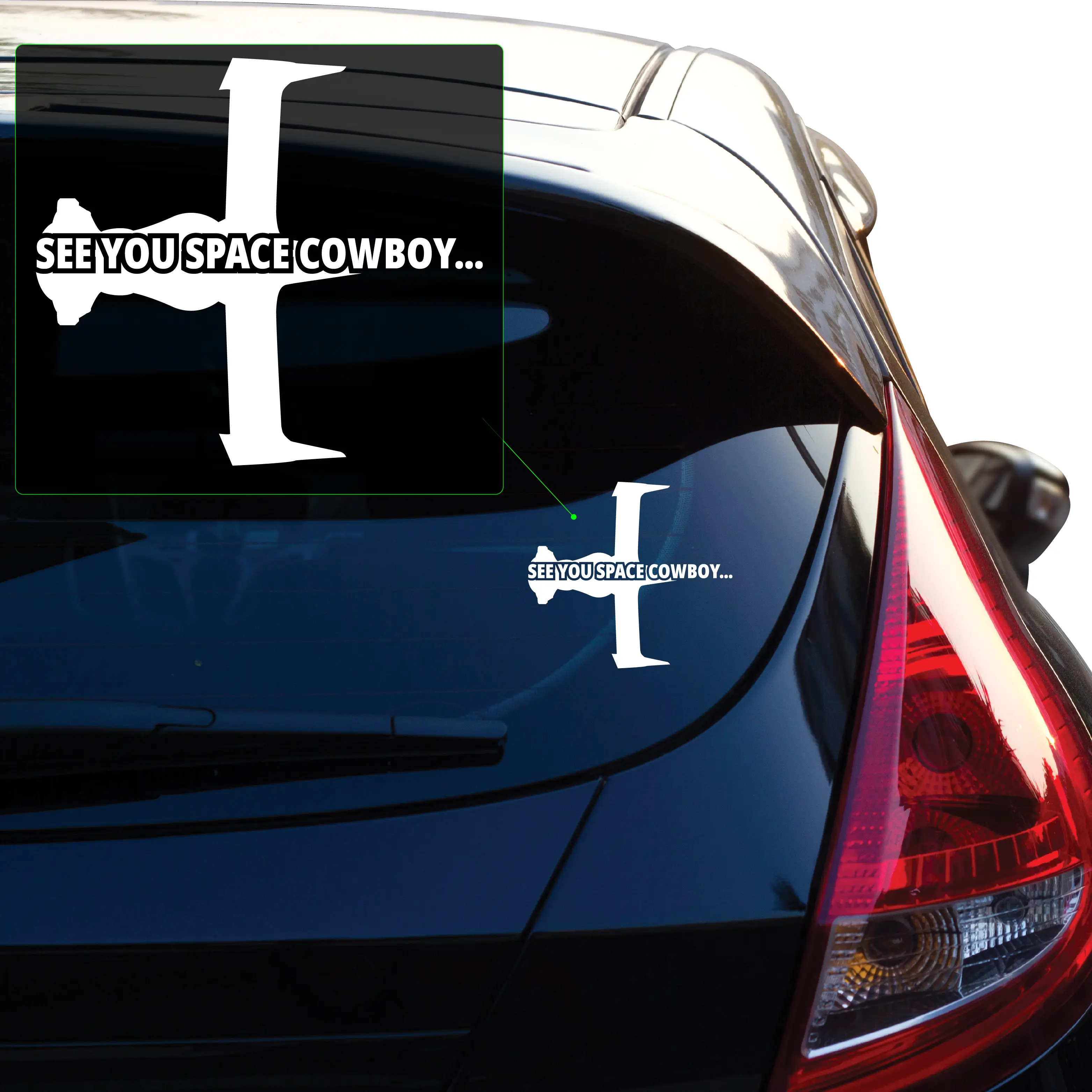 See you space cowboy... Vinyl decal transfer tape designed for applications on car windows, laptops, and various surfaces. No background.  F0834
